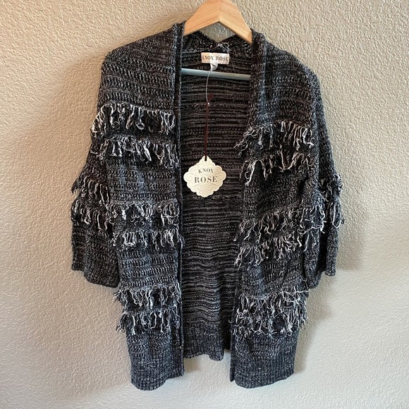 Knox Rose Open Front Cardigan Fringe Boho Festival Size XS NWT Black Marled - Picture 3 of 13